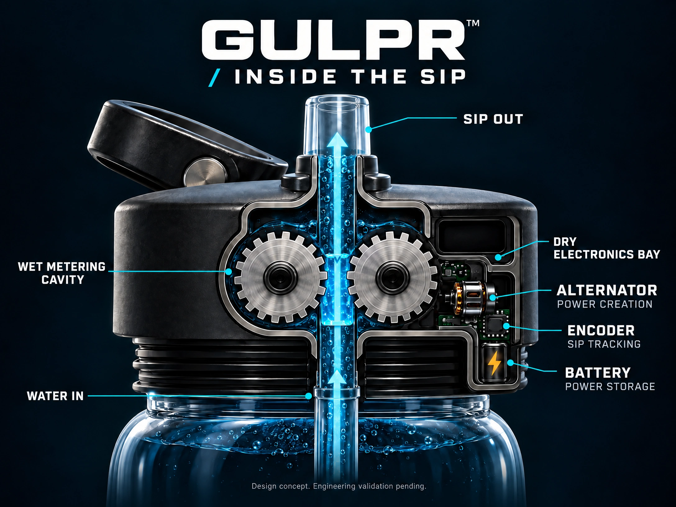 High contrast GULPR compact lid concept cutaway with a centered straw, two wet-side gears and distinct dry-bay callouts: alternator for power creation, battery for power storage and encoder for sip tracking.