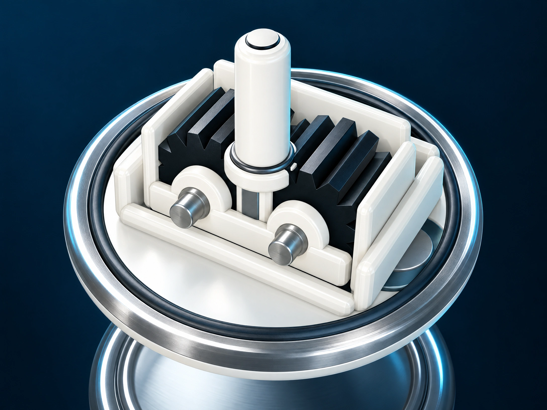 High contrast three quarter GULPR spatial concept render with a centered ivory straw, two dark gear elements, white support cavity, satin silver circular rim and separate side compartment.