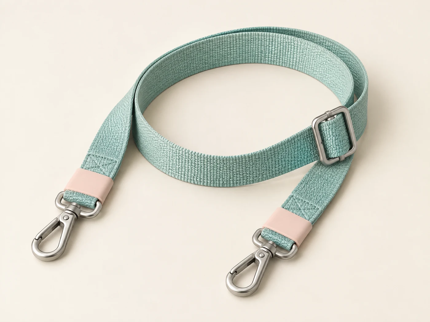 Illustrative seafoam woven carry strap with silver clasps and blush accents