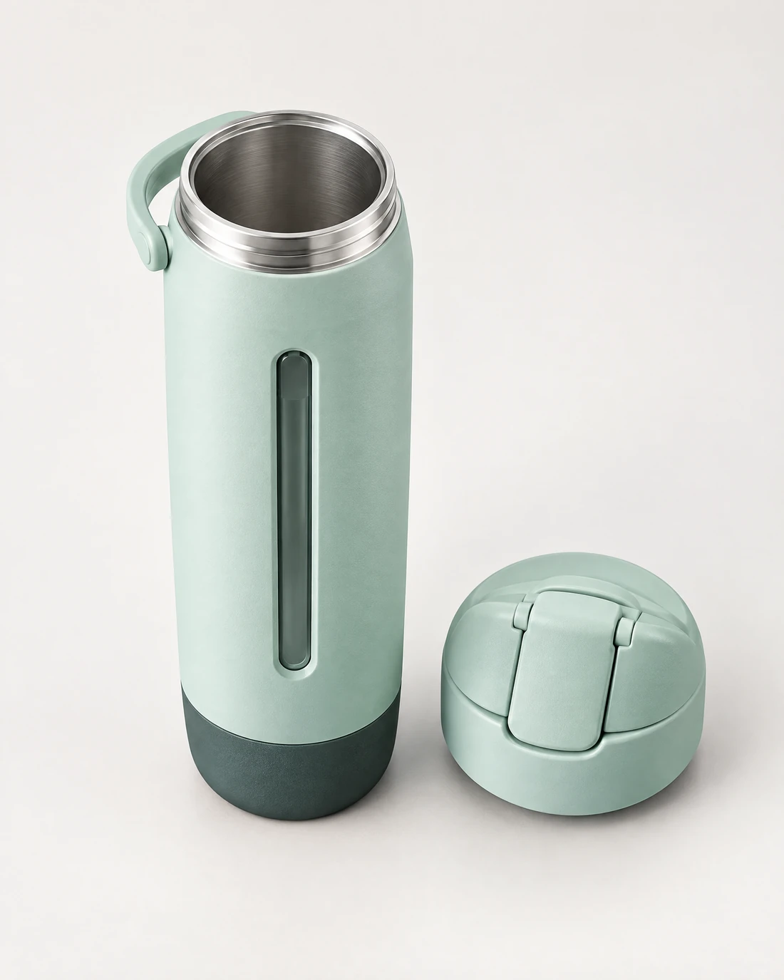 Illustrative straight-sided Seafoam bottle with oversized lid removed and full-diameter opening.